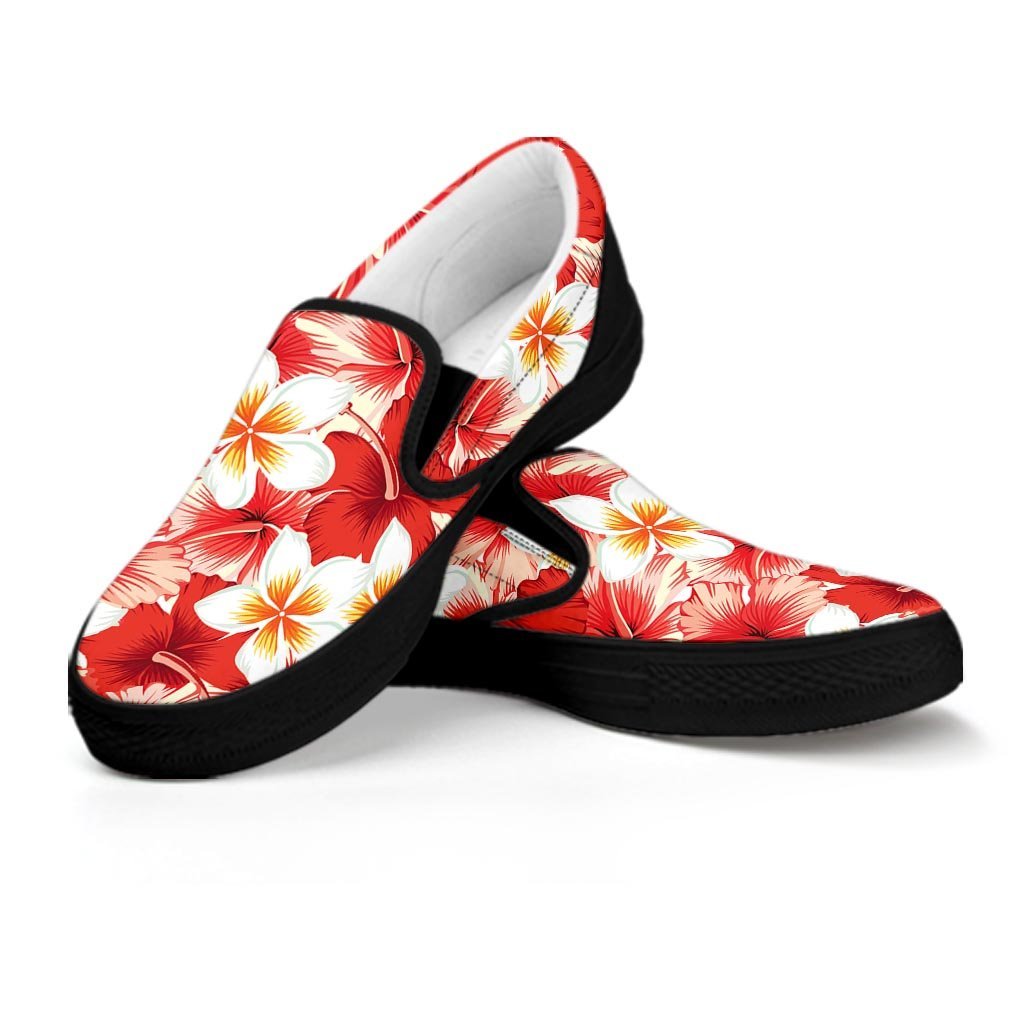 Red And White Hibiscus Hawaiian Print Women's Slip On Sneakers-grizzshop