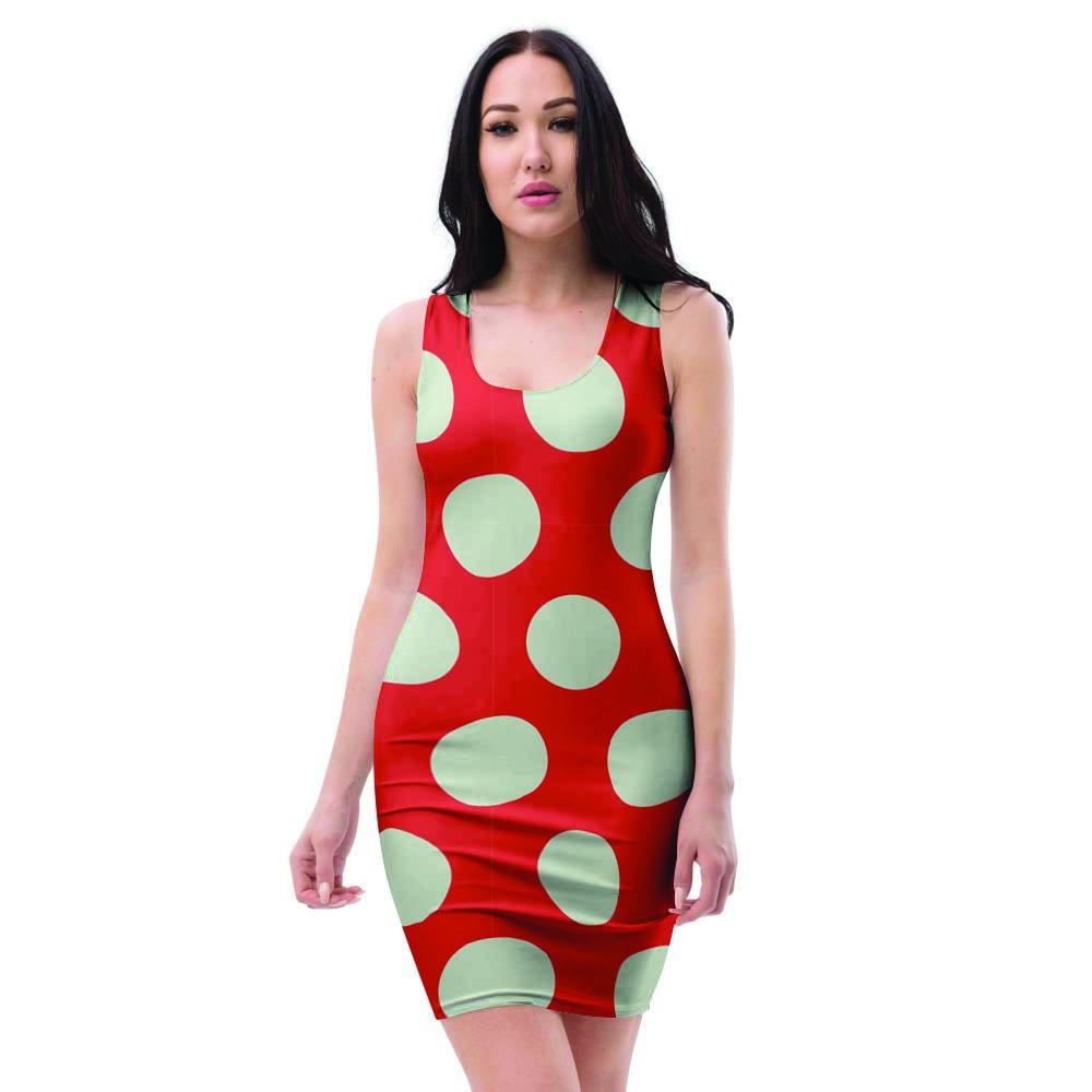 Red And White Polka Dot Bodycon Dress-grizzshop