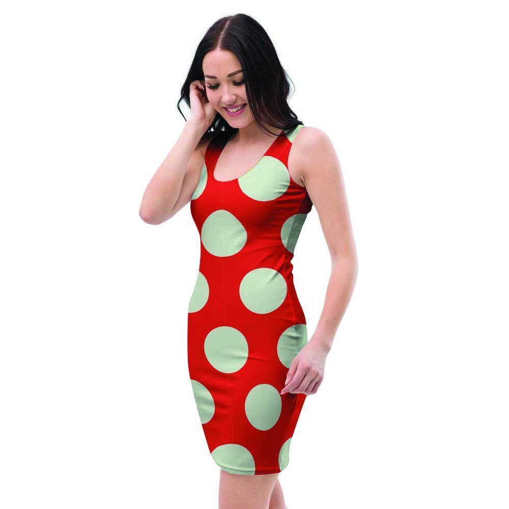 Red And White Polka Dot Bodycon Dress-grizzshop