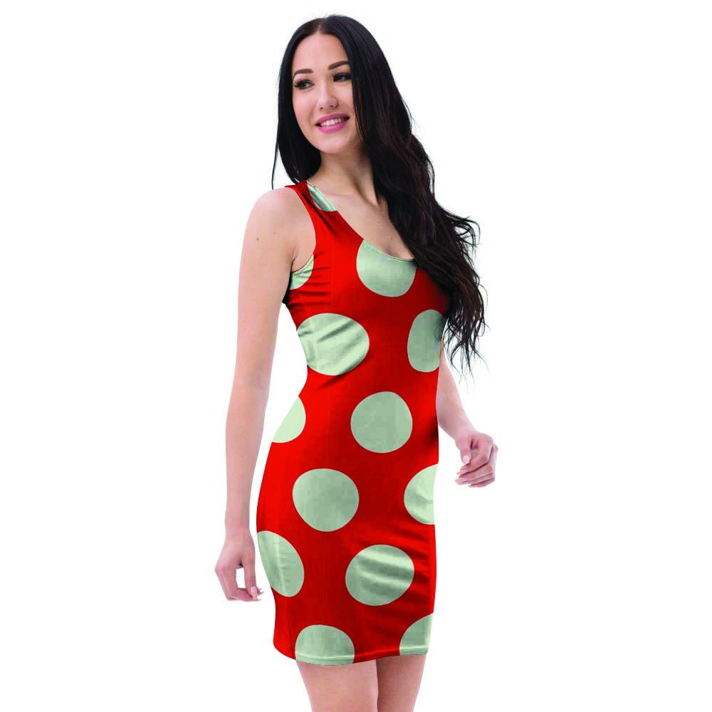 Red And White Polka Dot Bodycon Dress-grizzshop