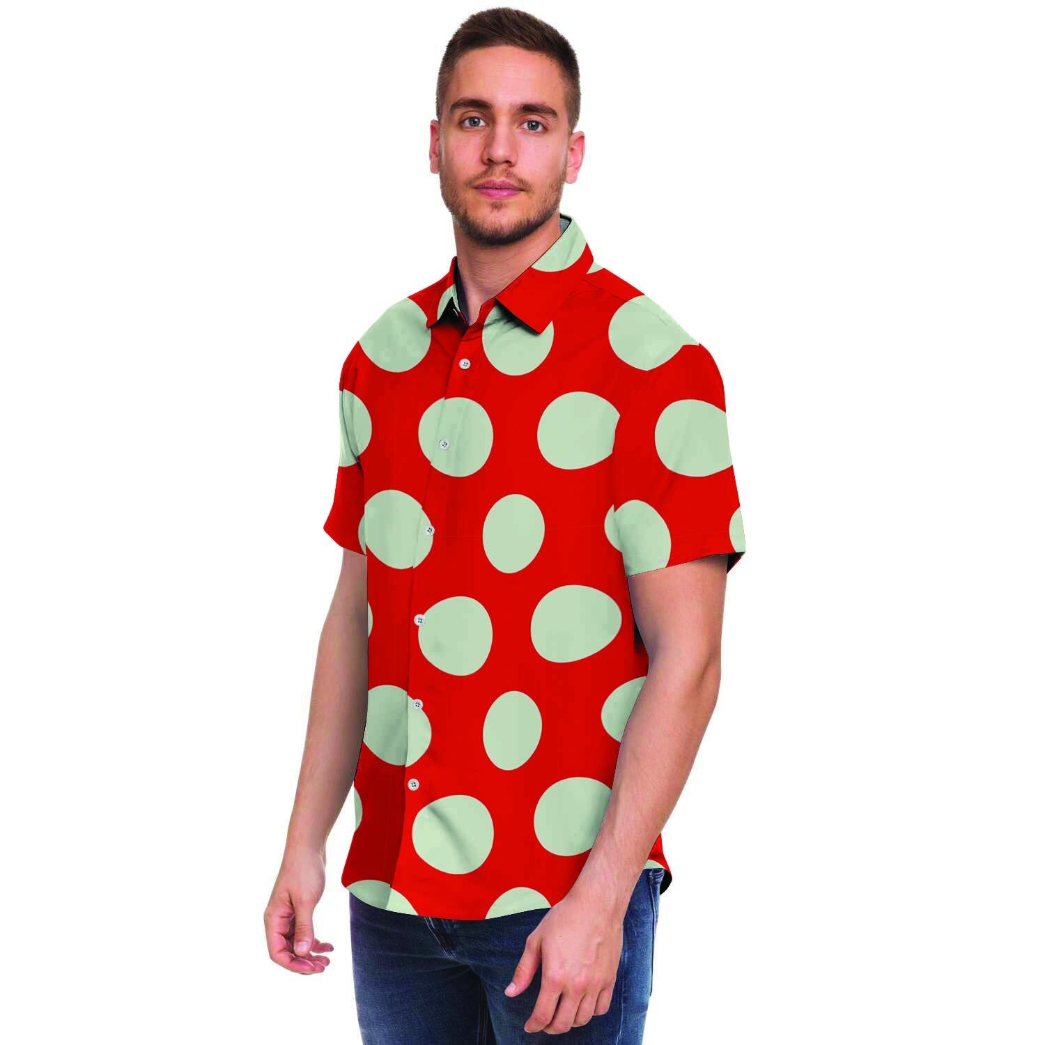 Red And White Polka Dot Men's Short Sleeve Shirt-grizzshop
