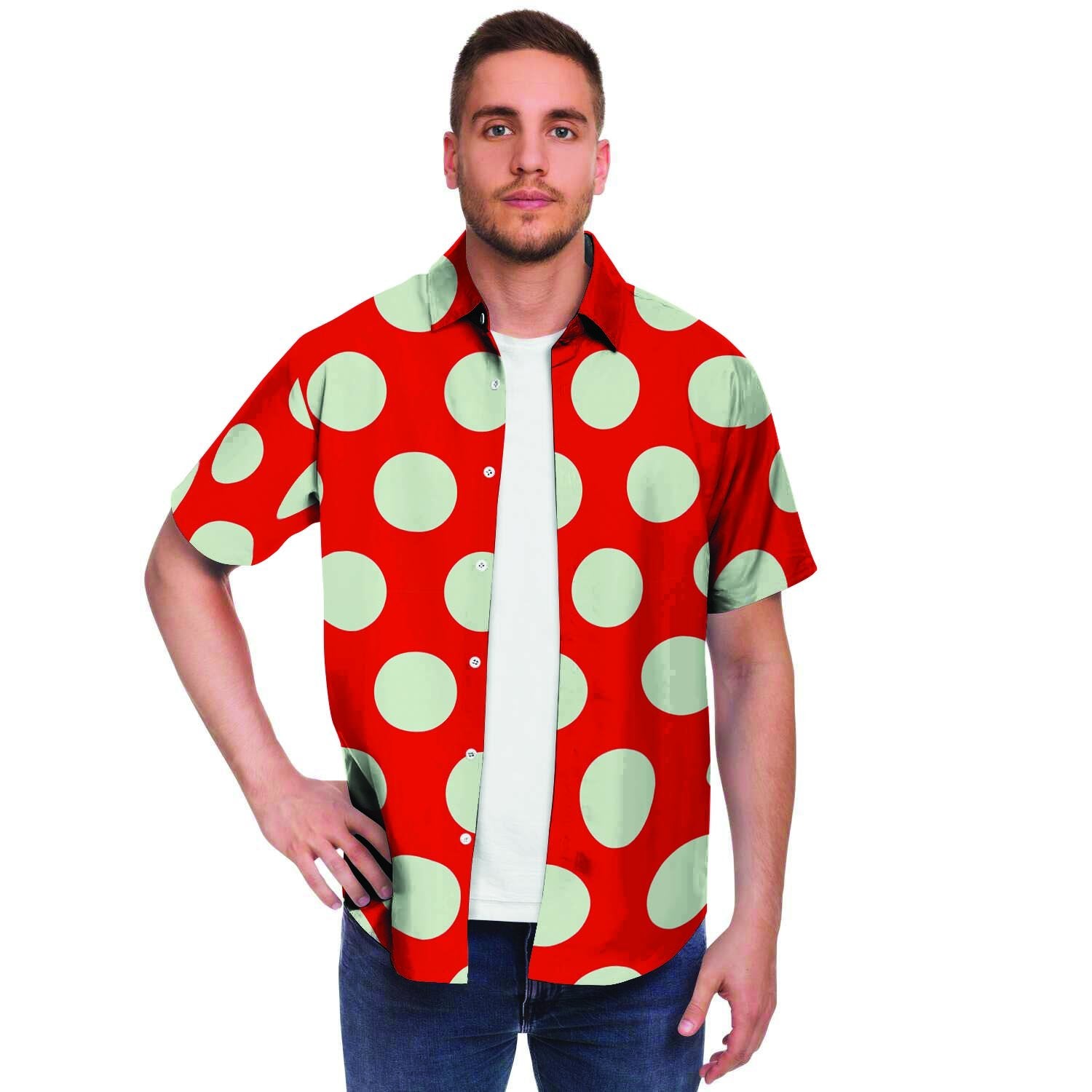 Red And White Polka Dot Men's Short Sleeve Shirt-grizzshop
