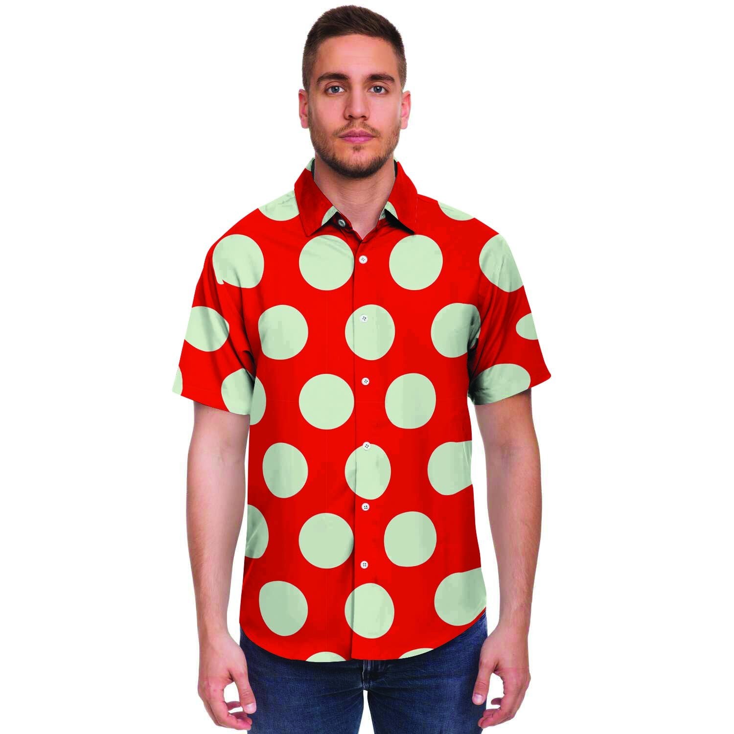 Red And White Polka Dot Men's Short Sleeve Shirt-grizzshop
