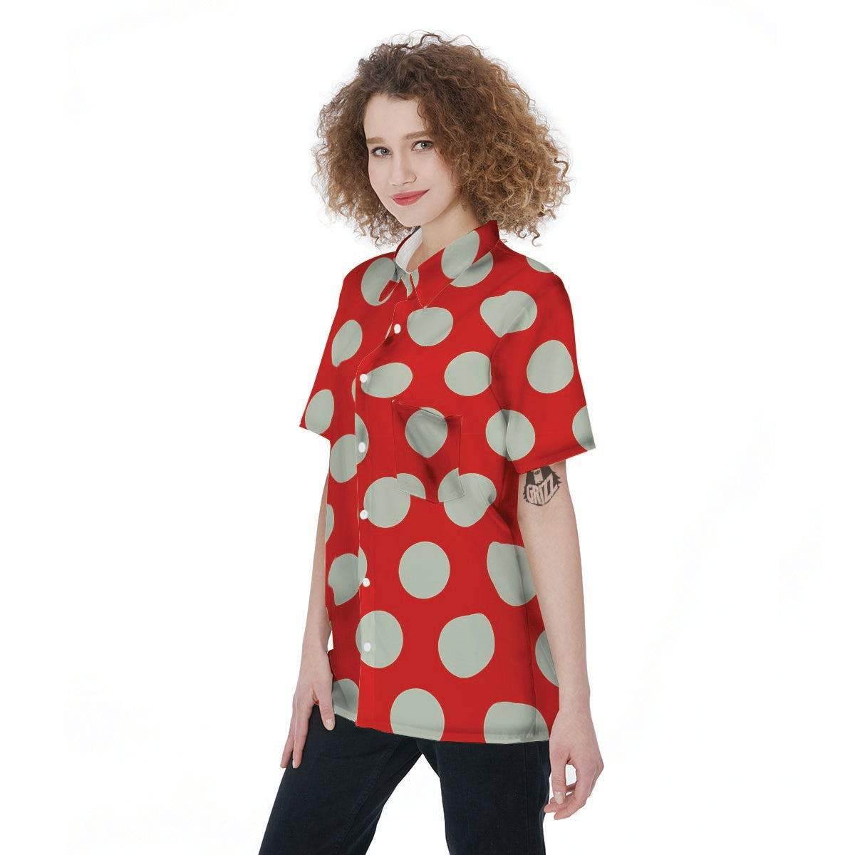 Red And White Polka Dot Women's Short Sleeve Shirts-grizzshop