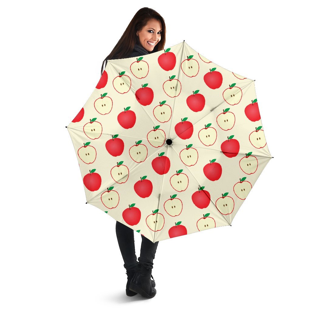 Red Apple Pattern Print Automatic Foldable Umbrella-grizzshop