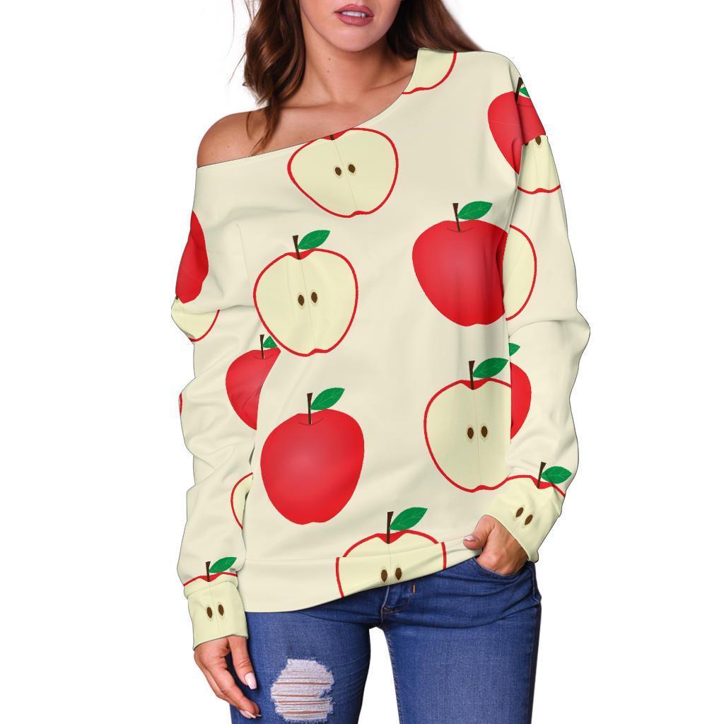 Red Apple Pattern Print Women Off Shoulder Sweatshirt-grizzshop