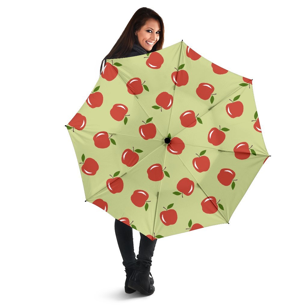 Red Apple Print Pattern Automatic Foldable Umbrella-grizzshop