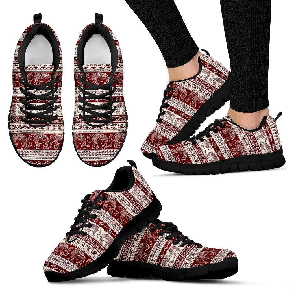 Red Aztec Elephant Pattern Print Black Sneaker Shoes For Men Women-grizzshop