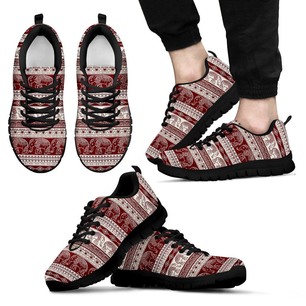 Red Aztec Elephant Pattern Print Black Sneaker Shoes For Men Women-grizzshop