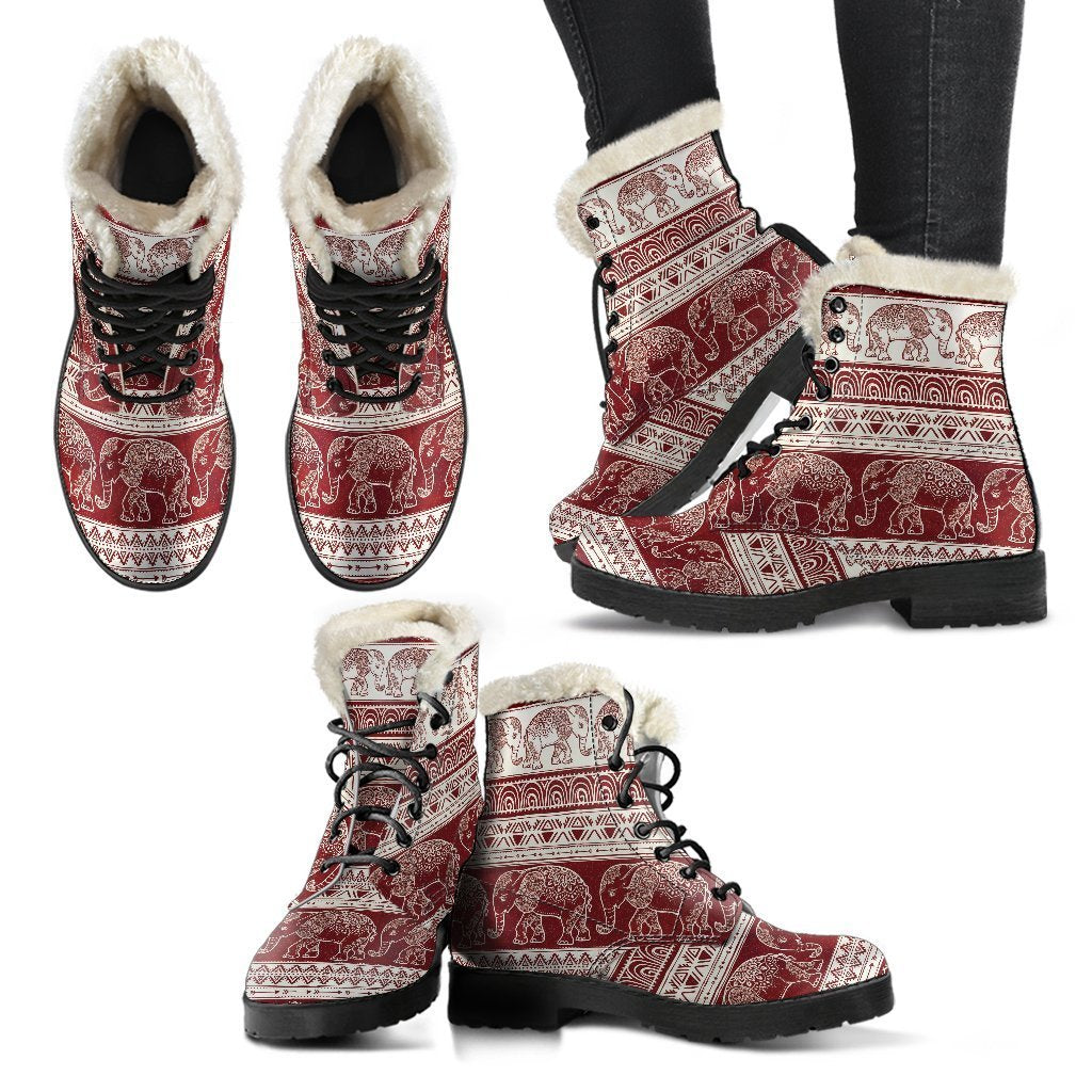Red Aztec Elephant Pattern Print Comfy Winter Boots-grizzshop