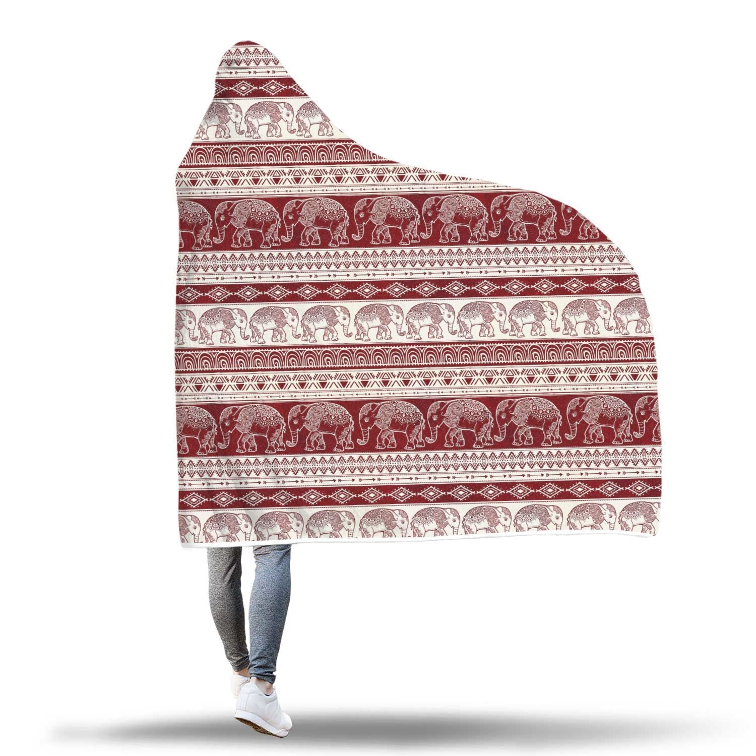 Red Aztec Elephant Pattern Print Hooded Blanket-grizzshop