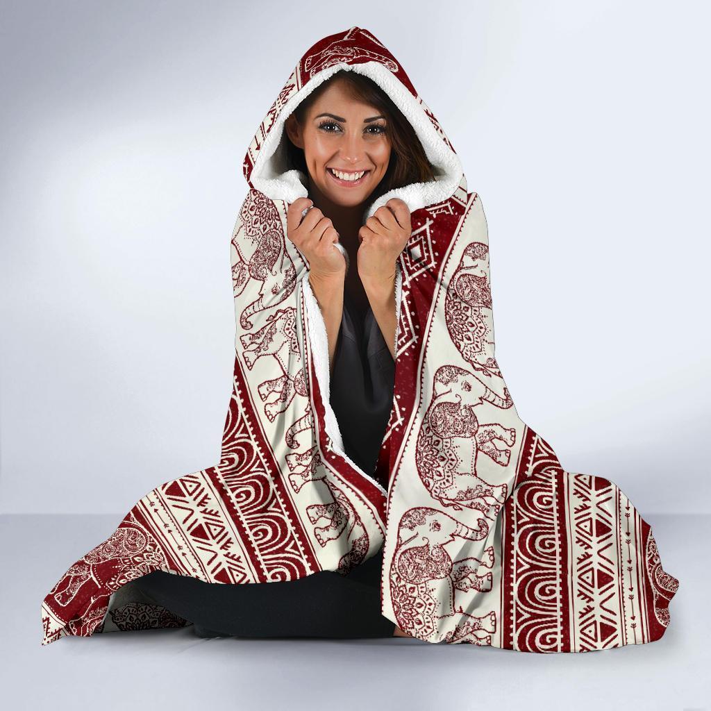 Red Aztec Elephant Pattern Print Hooded Blanket-grizzshop