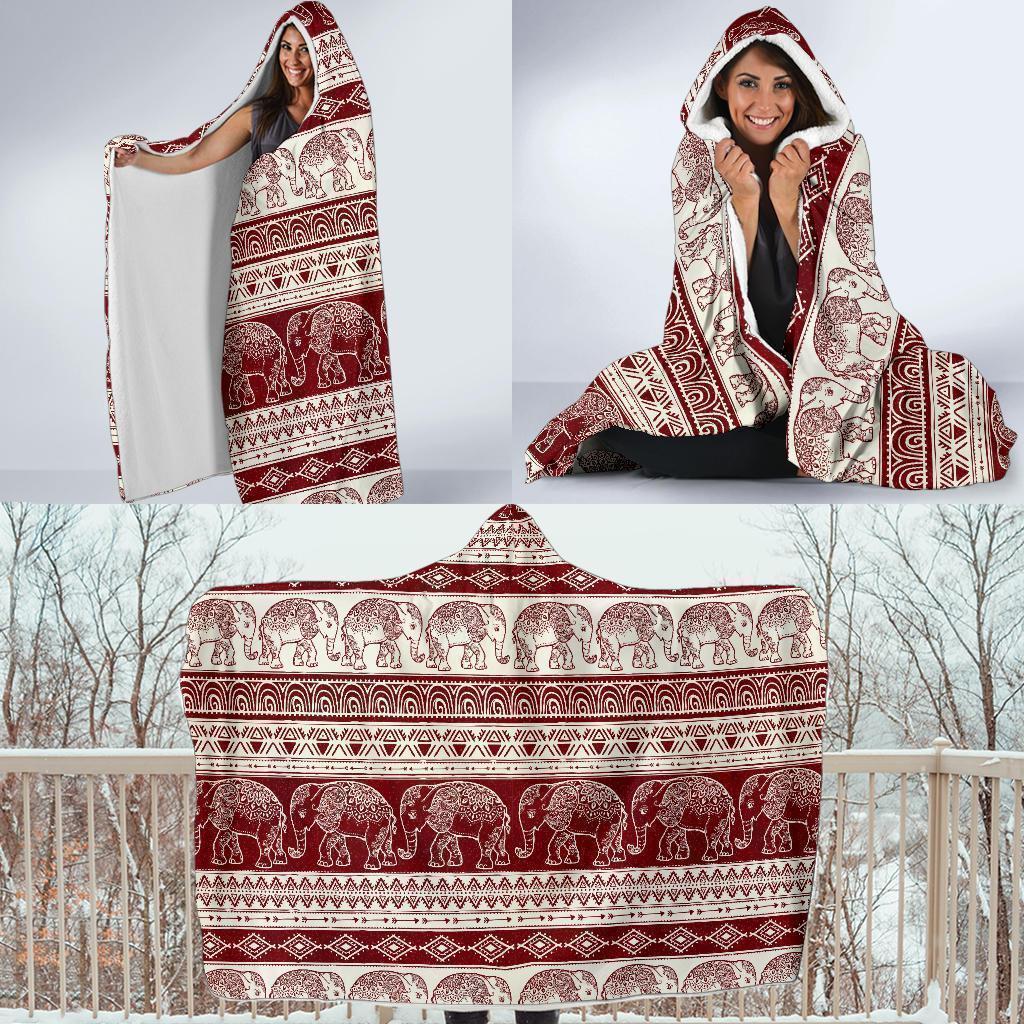 Red Aztec Elephant Pattern Print Hooded Blanket-grizzshop