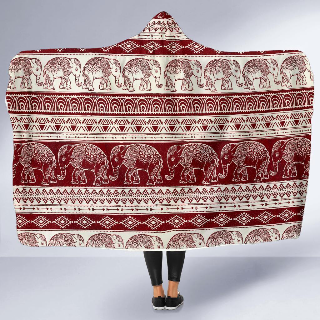 Red Aztec Elephant Pattern Print Hooded Blanket-grizzshop