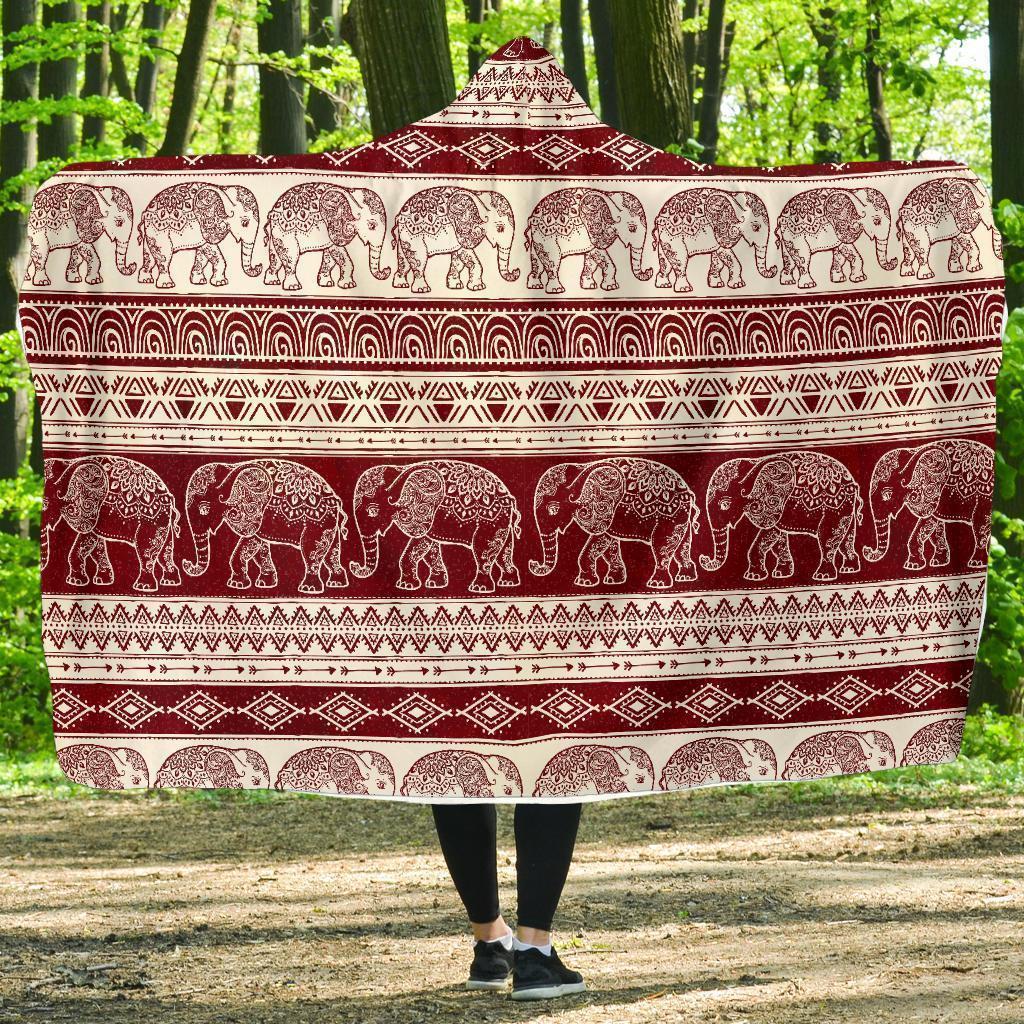 Red Aztec Elephant Pattern Print Hooded Blanket-grizzshop