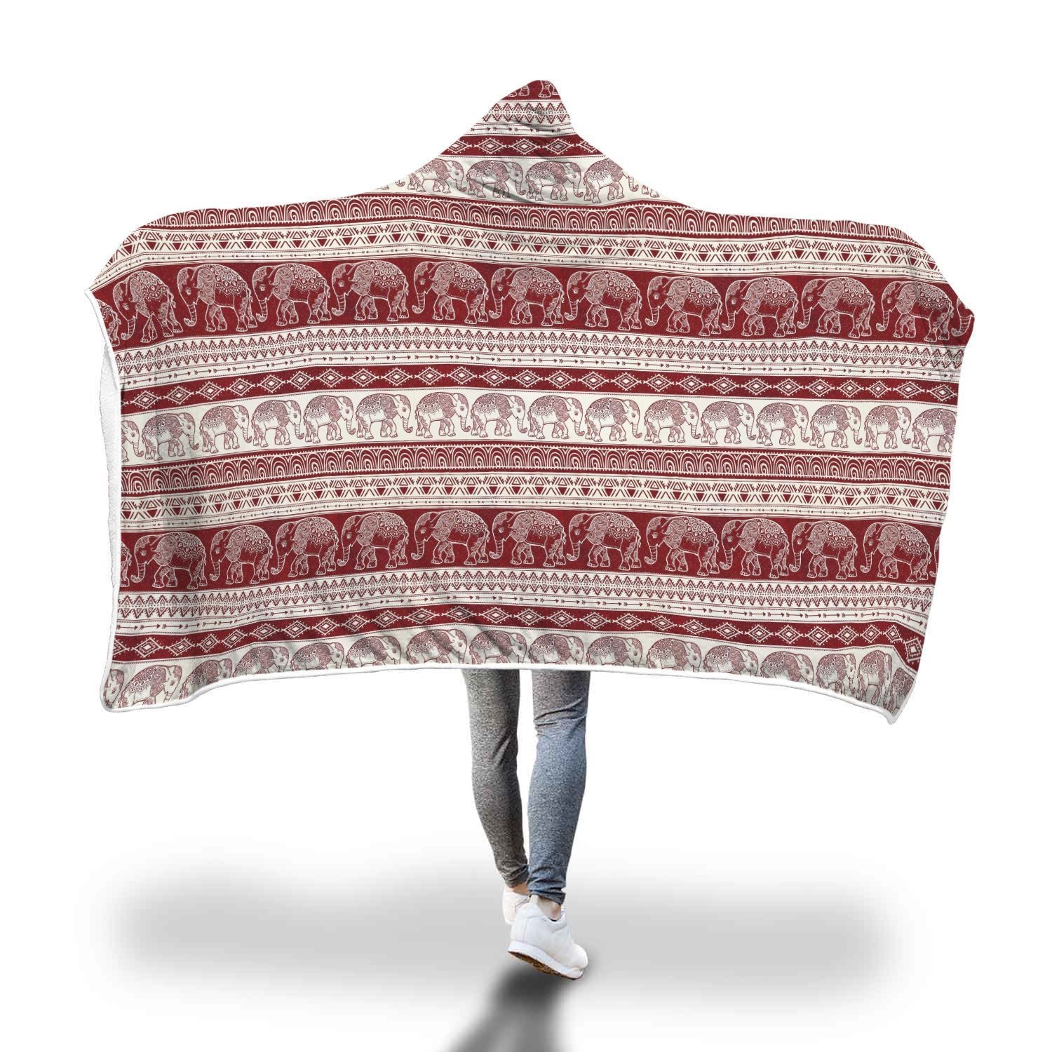 Red Aztec Elephant Pattern Print Hooded Blanket-grizzshop