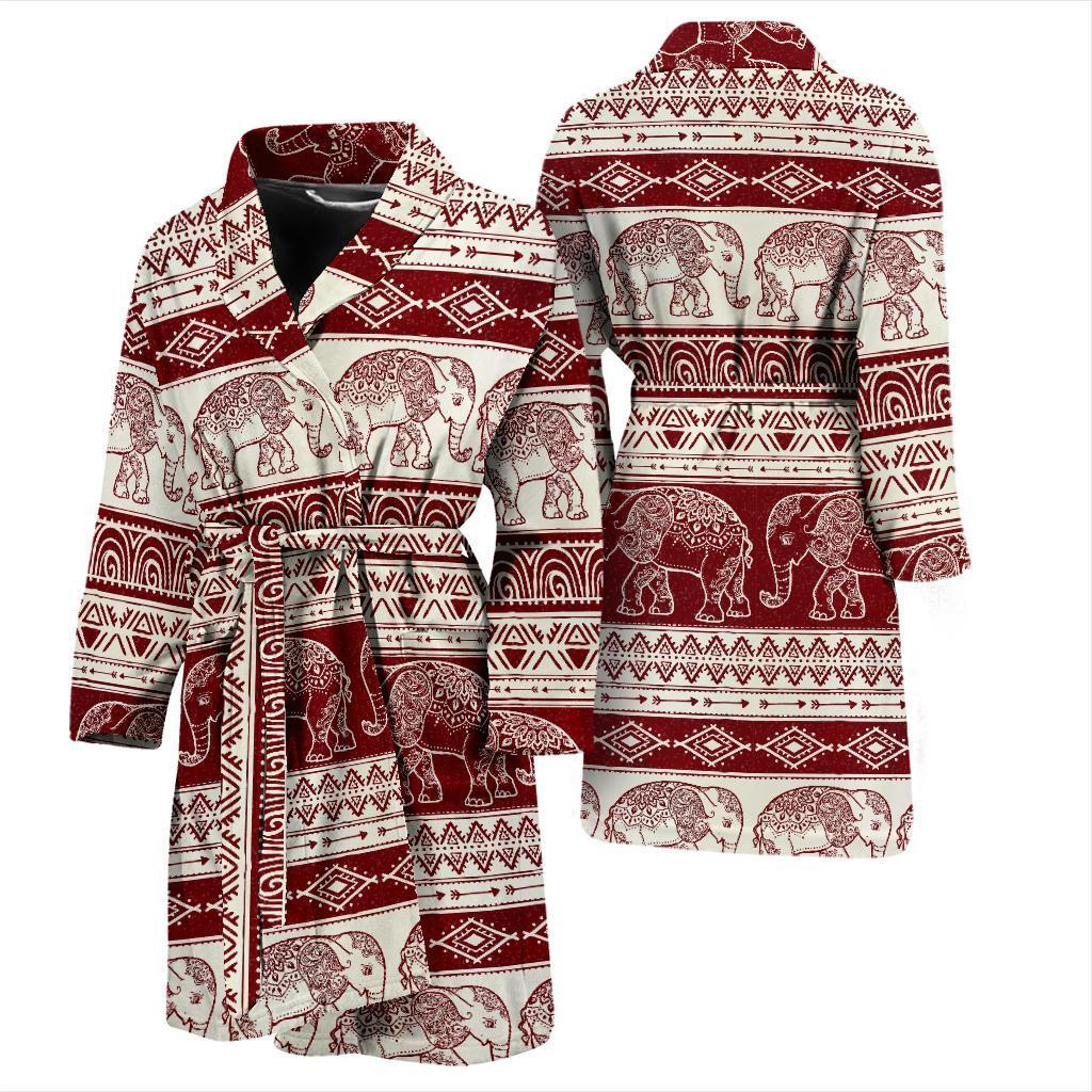 Red Aztec Elephant Pattern Print Men Long Robe-grizzshop