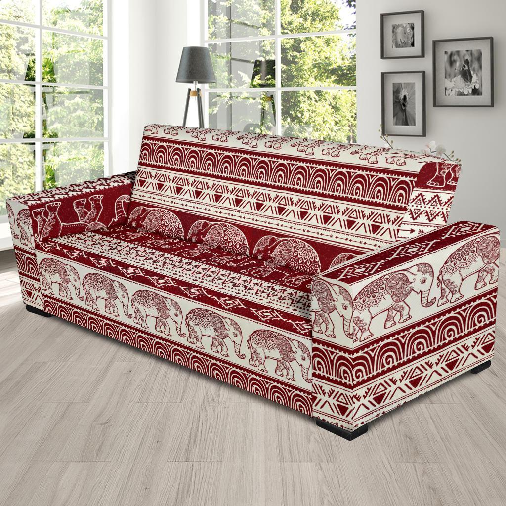 Red Aztec Elephant Pattern Print Sofa Covers-grizzshop