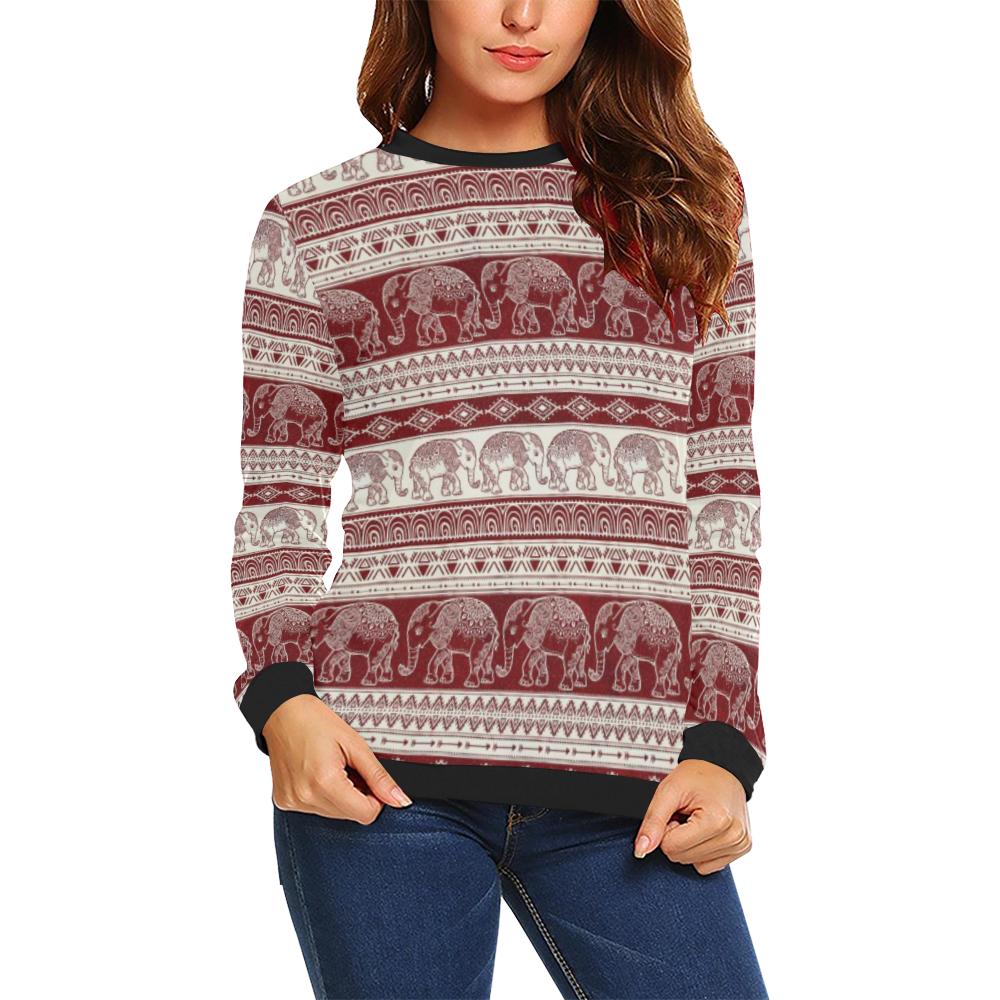 Red Aztec Elephant Pattern Print Women Crewneck Sweatshirt-grizzshop