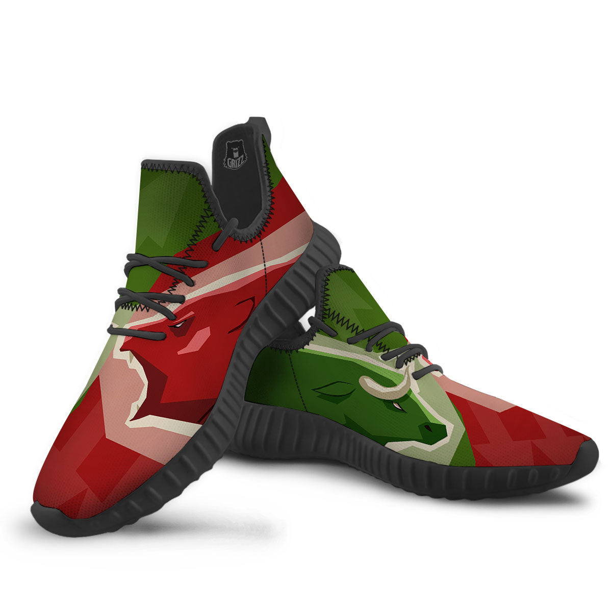 Red Bear And Green Bull Stock Print Black Walking Shoes-grizzshop