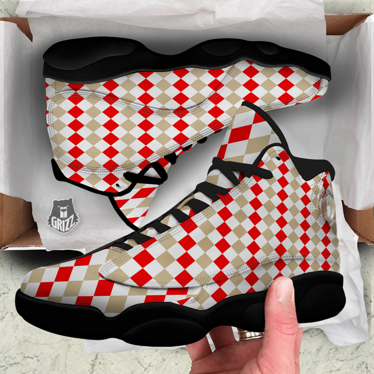 Red Beige And White Argyle Print Pattern Black Basketball Shoes-grizzshop