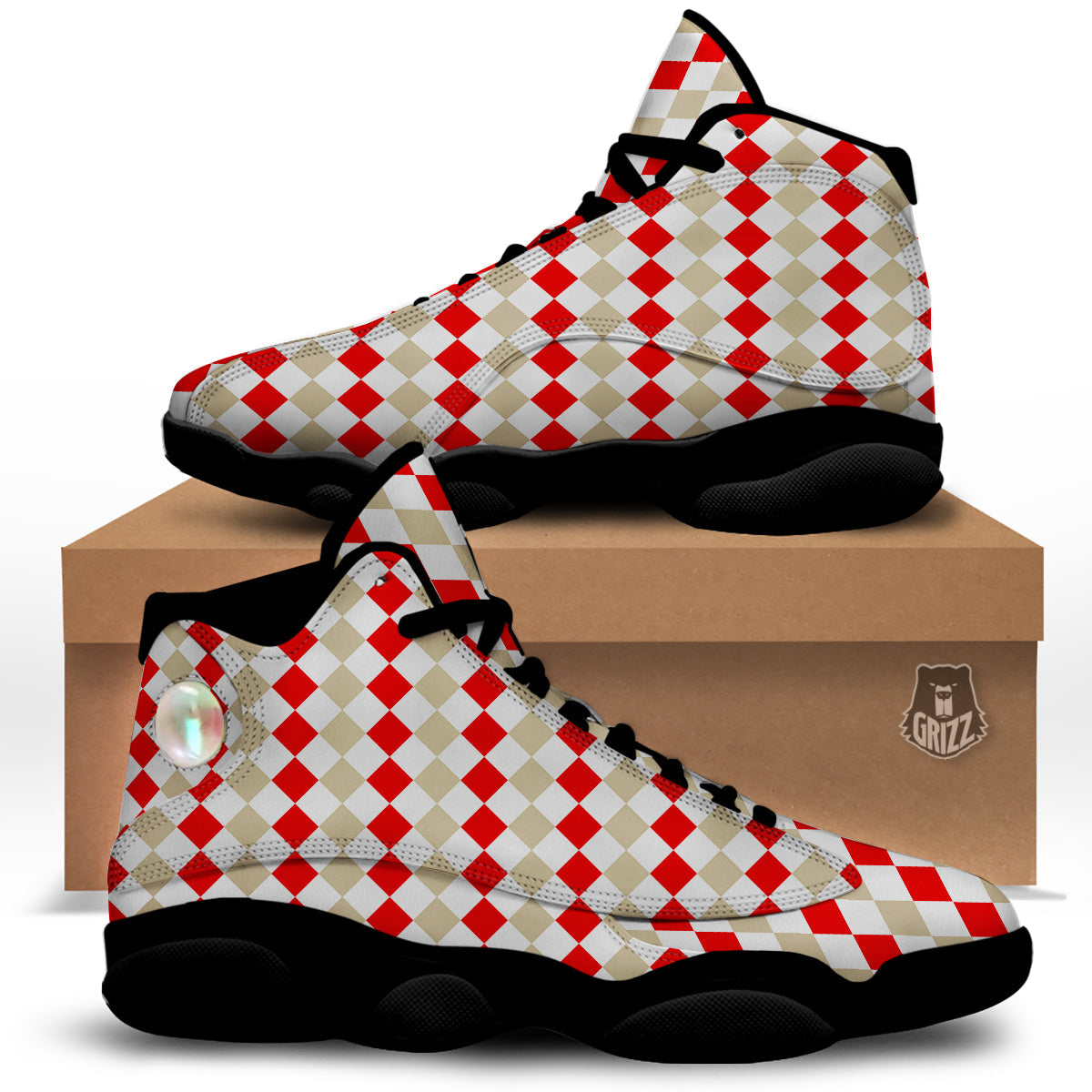 Red Beige And White Argyle Print Pattern Black Basketball Shoes-grizzshop