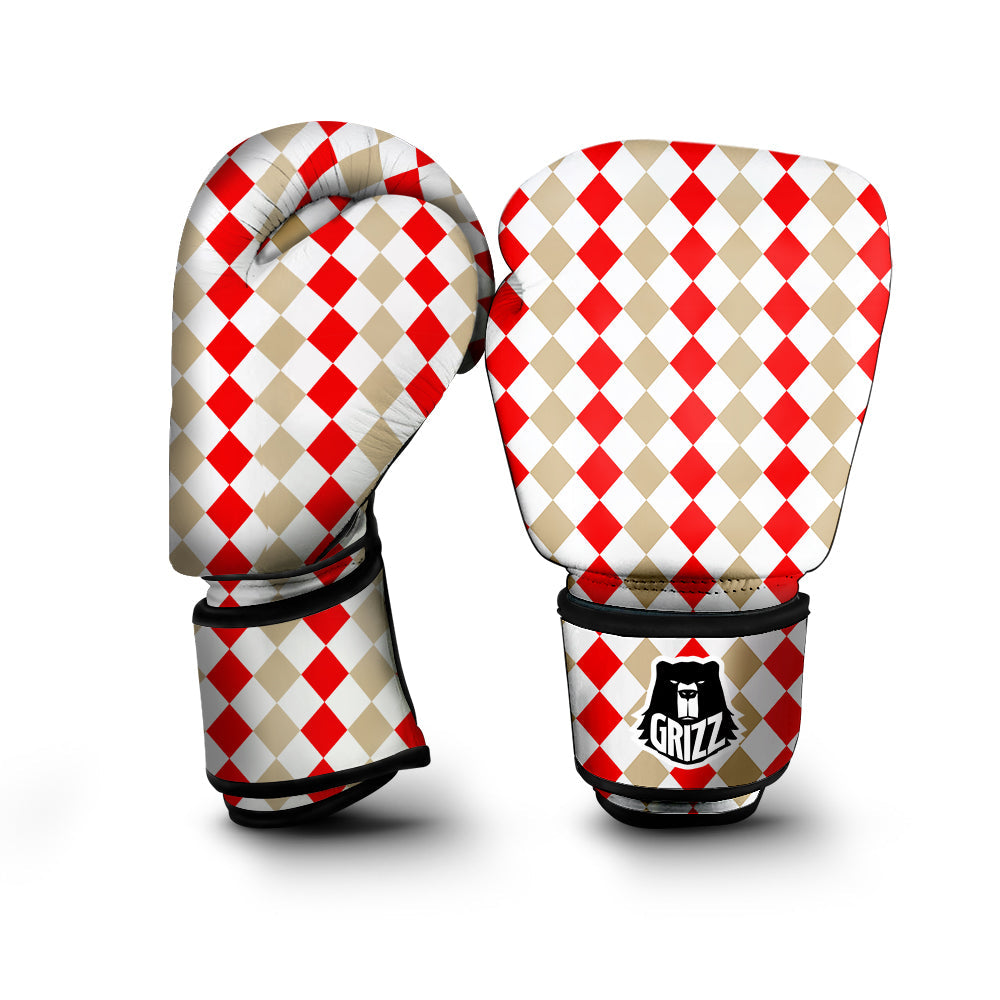 Red Beige And White Argyle Print Pattern Boxing Gloves-grizzshop