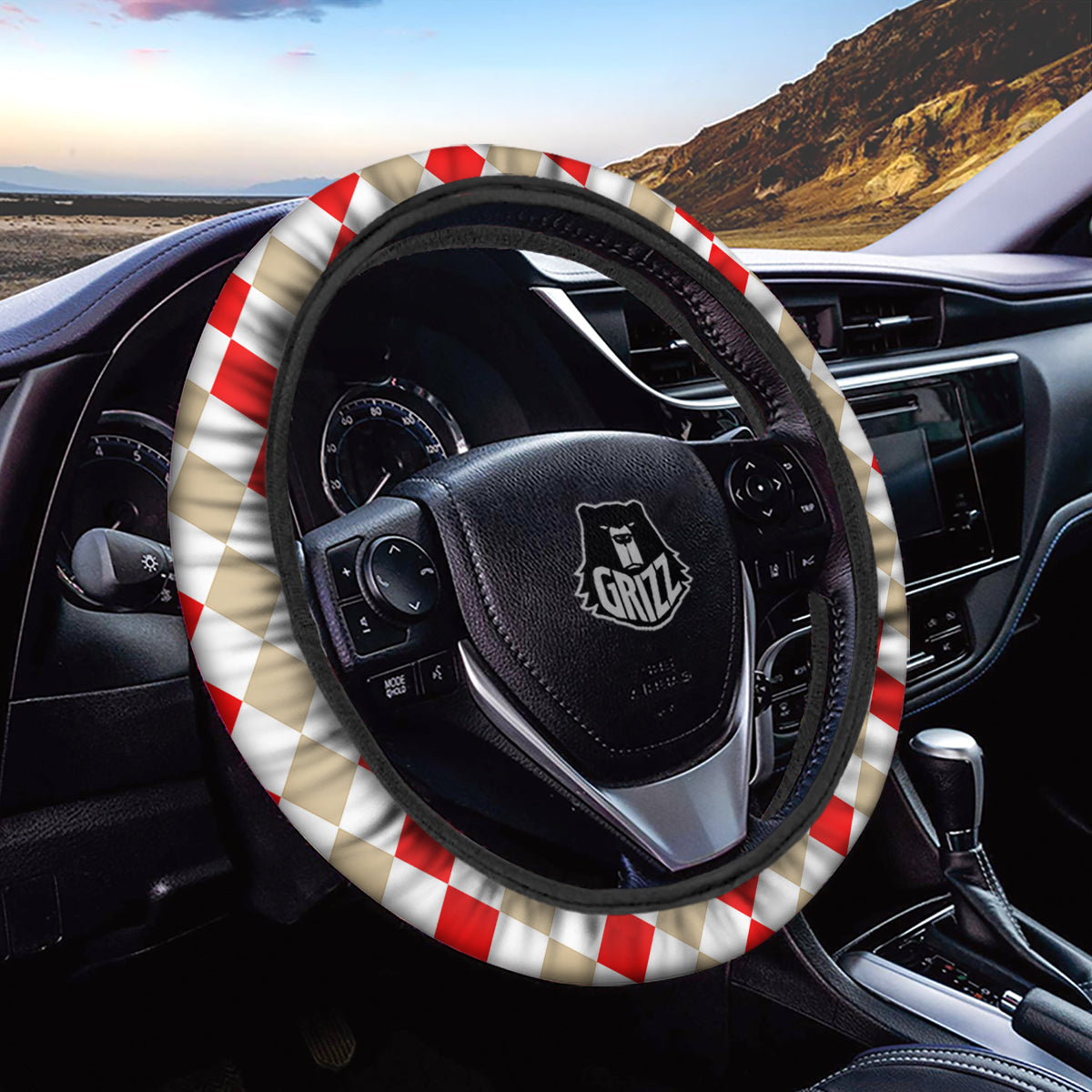Red Beige And White Argyle Print Pattern Car Steering Wheel Cover-grizzshop