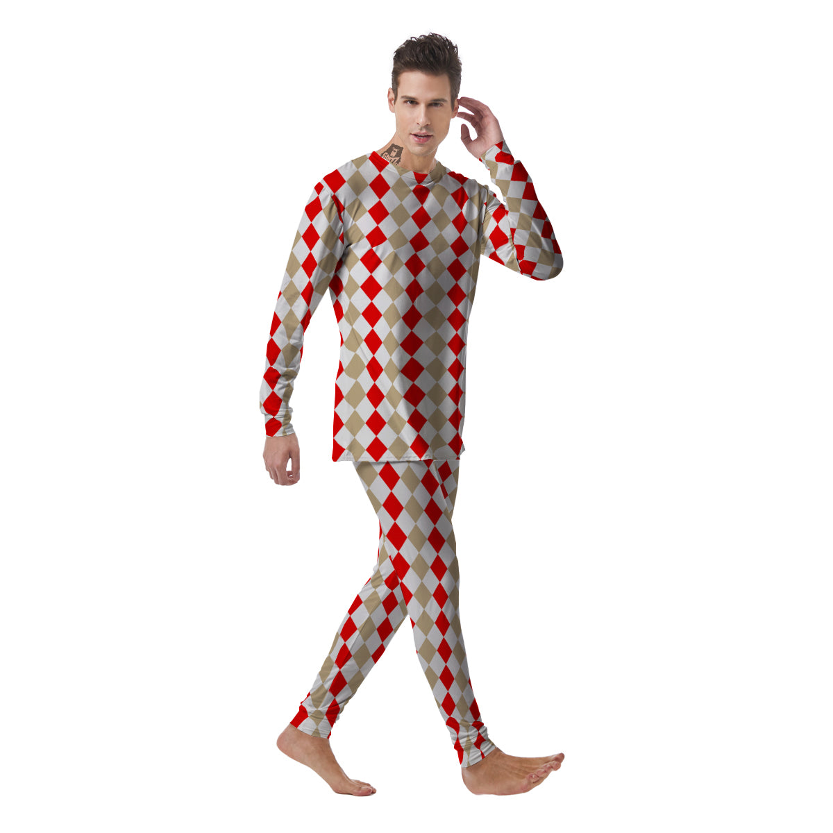 Red Beige And White Argyle Print Pattern Men's Pajamas-grizzshop