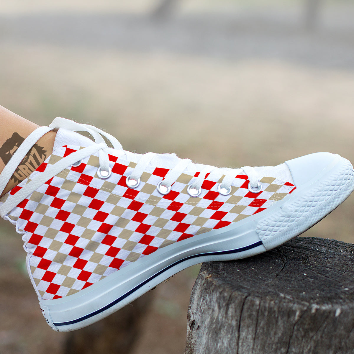 Red Beige And White Argyle Print Pattern White High Top Shoes-grizzshop