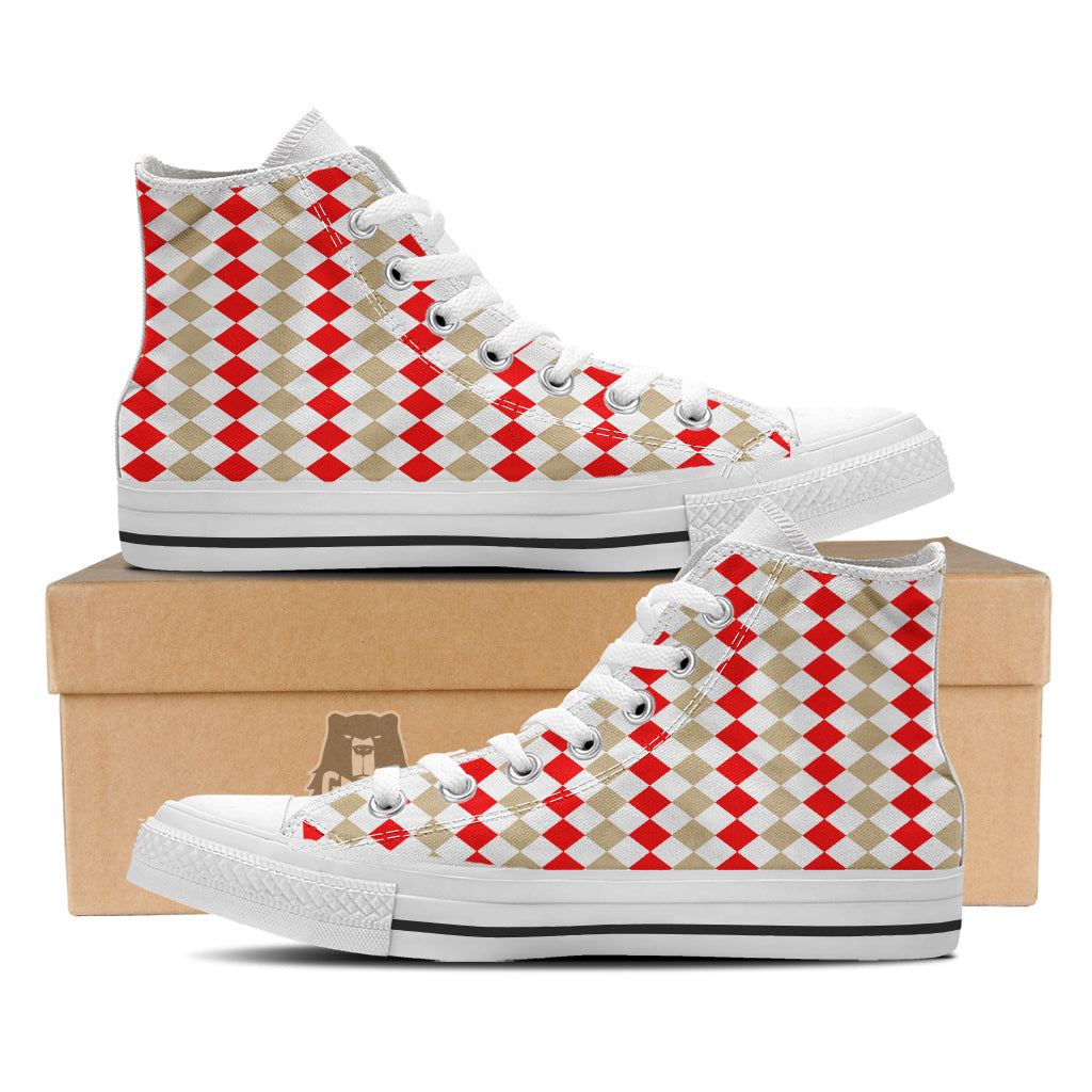 Red Beige And White Argyle Print Pattern White High Top Shoes-grizzshop