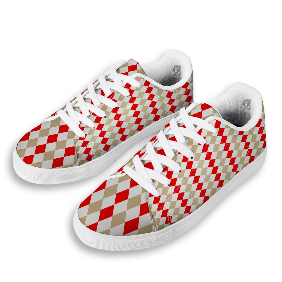 Red Beige And White Argyle Print Pattern White Low Top Sneakers-grizzshop