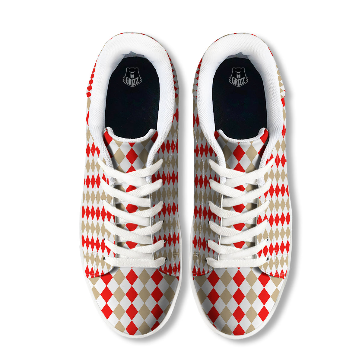 Red Beige And White Argyle Print Pattern White Low Top Sneakers-grizzshop