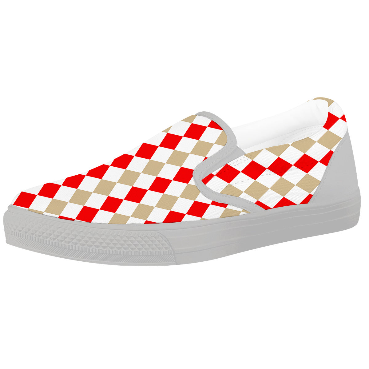 Red Beige And White Argyle Print Pattern White Slip On Shoes-grizzshop