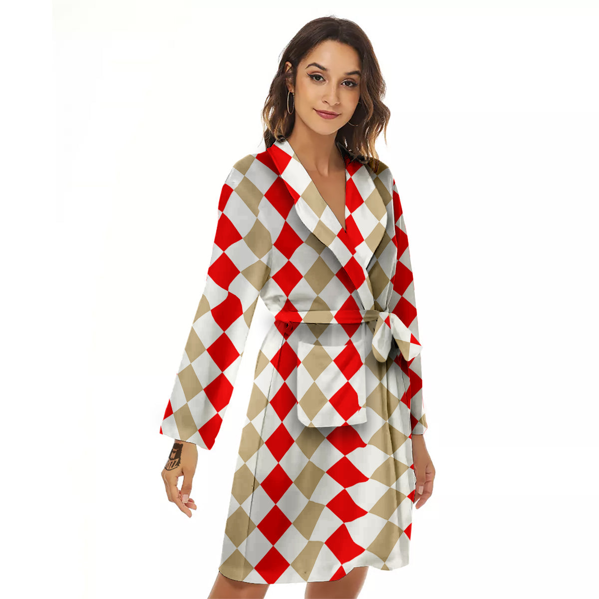 Red Beige And White Argyle Print Pattern Women's Robe-grizzshop