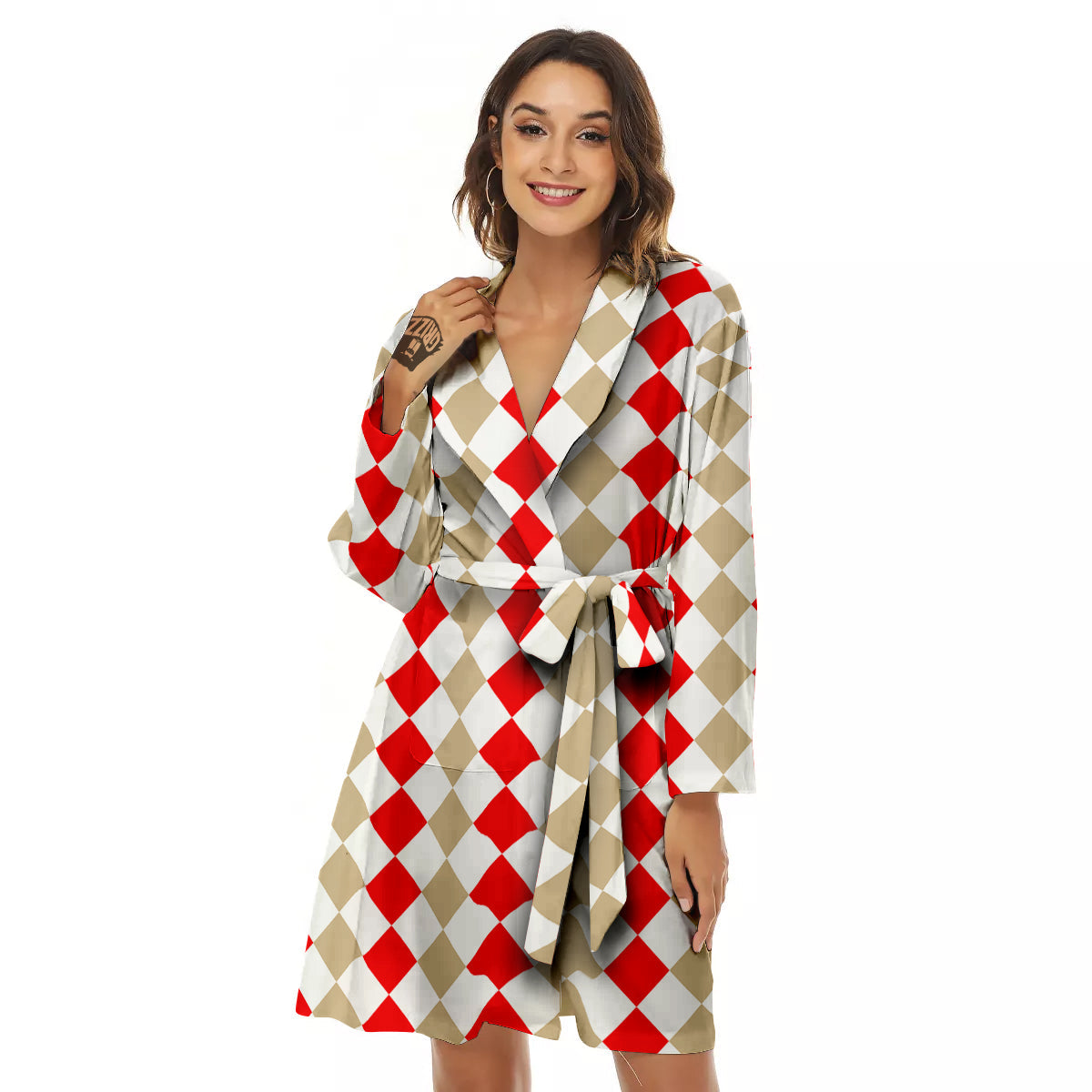 Red Beige And White Argyle Print Pattern Women's Robe-grizzshop