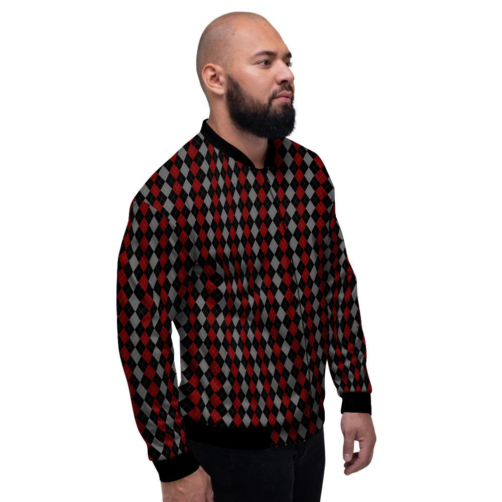 Red Black And Grey Argyle Print Pattern Men's Bomber Jacket-grizzshop