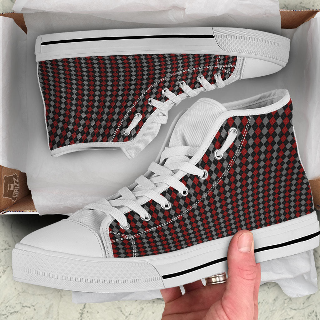 Red Black And Grey Argyle Print Pattern White High Top Shoes-grizzshop