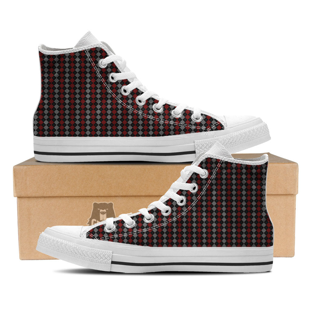 Red Black And Grey Argyle Print Pattern White High Top Shoes-grizzshop