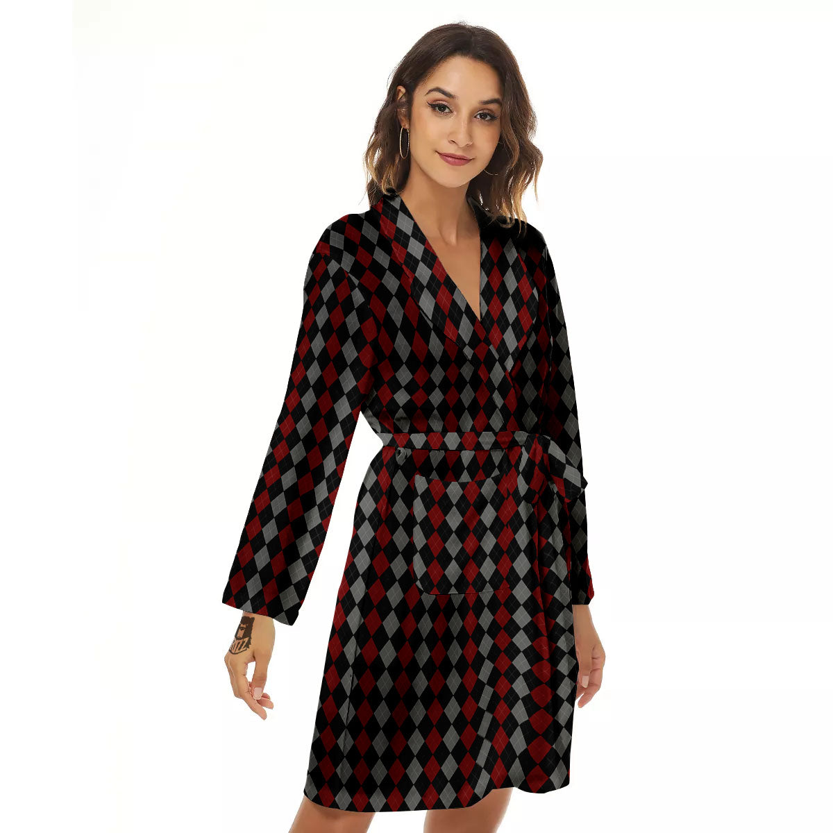 Red Black And Grey Argyle Print Pattern Women's Robe-grizzshop