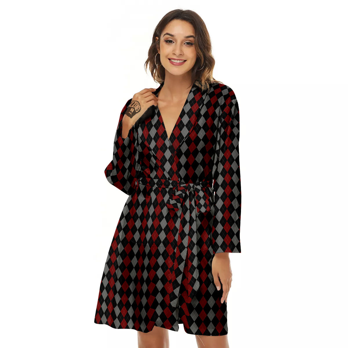 Red Black And Grey Argyle Print Pattern Women's Robe-grizzshop