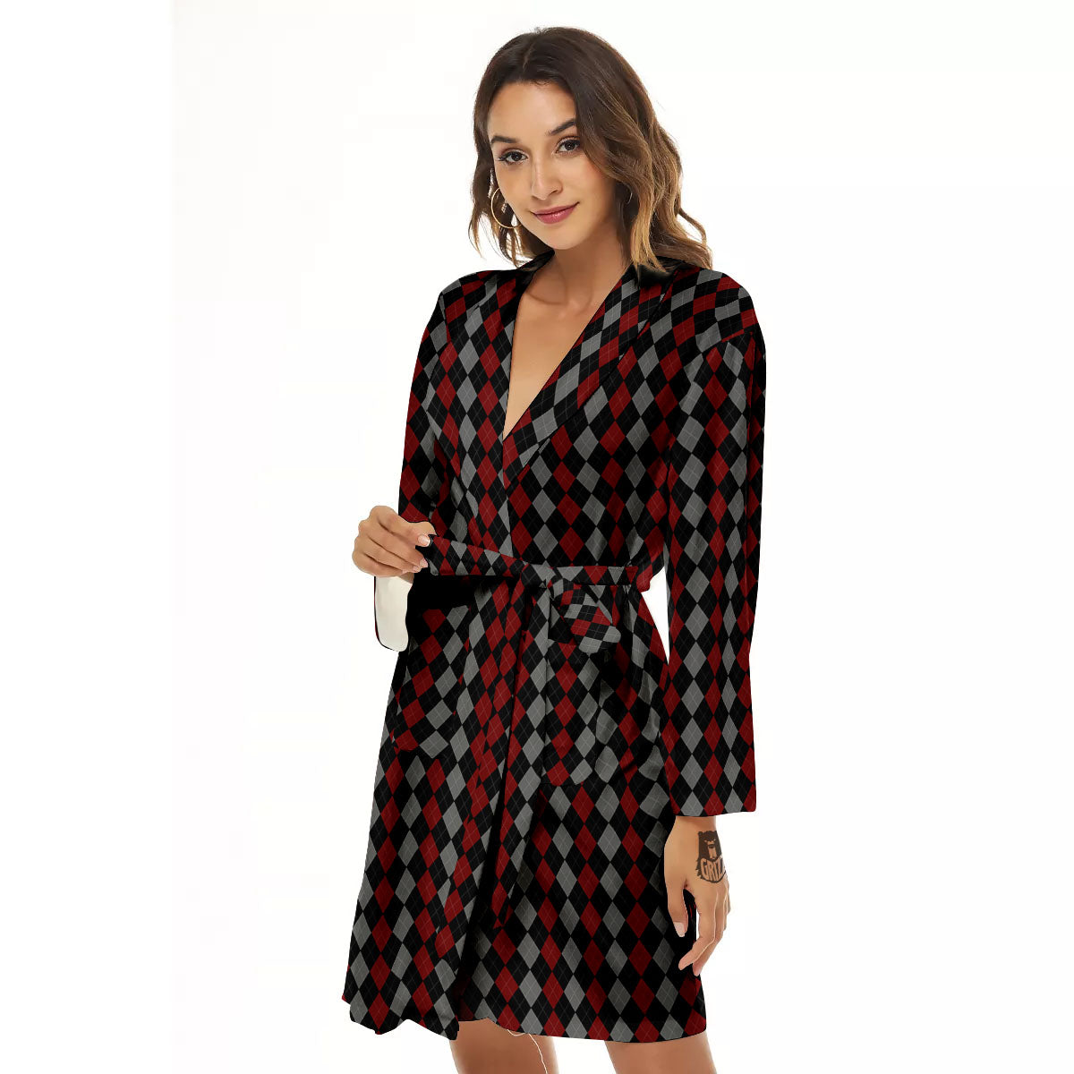 Red Black And Grey Argyle Print Pattern Women's Robe-grizzshop