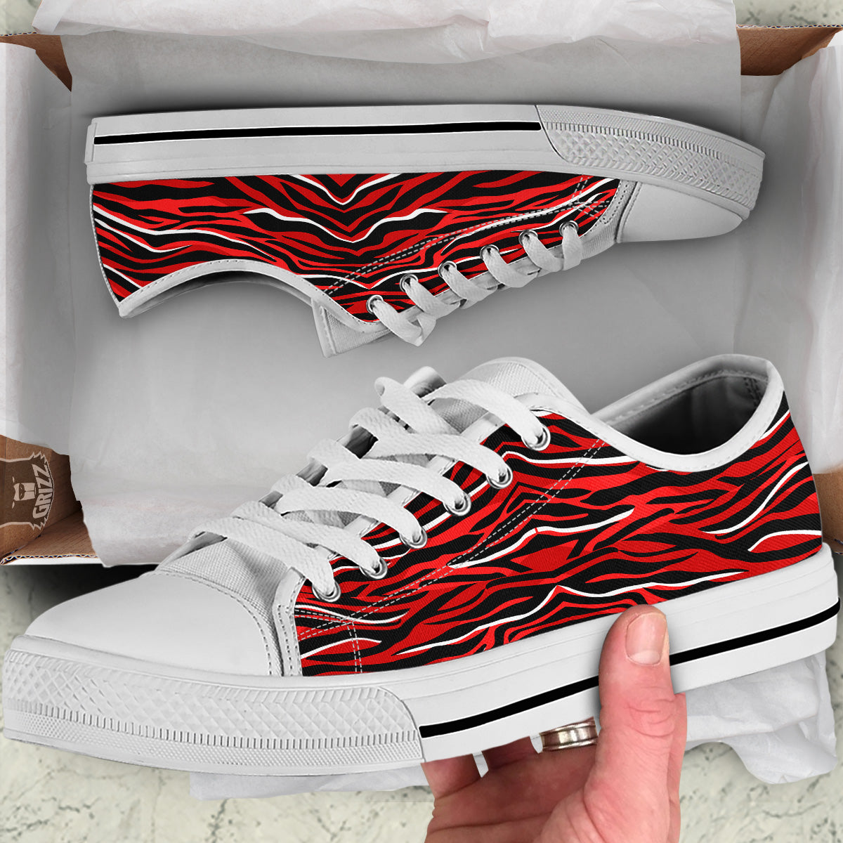 Red Black And White Colored Leopard Print Pattern White Low Top Shoes-grizzshop