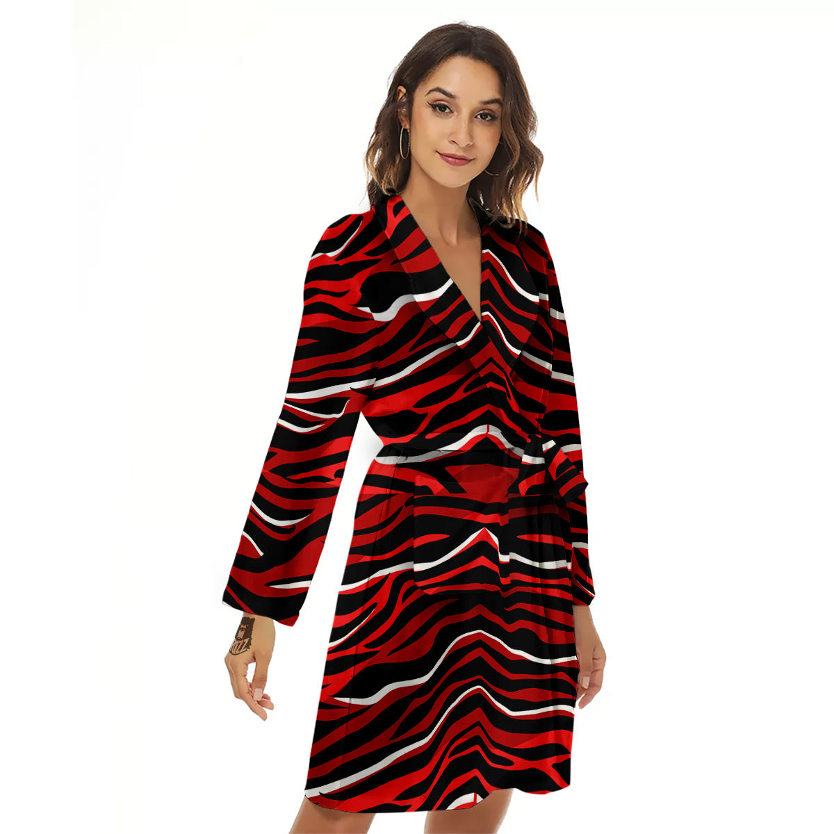 Red Black And White Colored Leopard Print Pattern Women's Robe-grizzshop