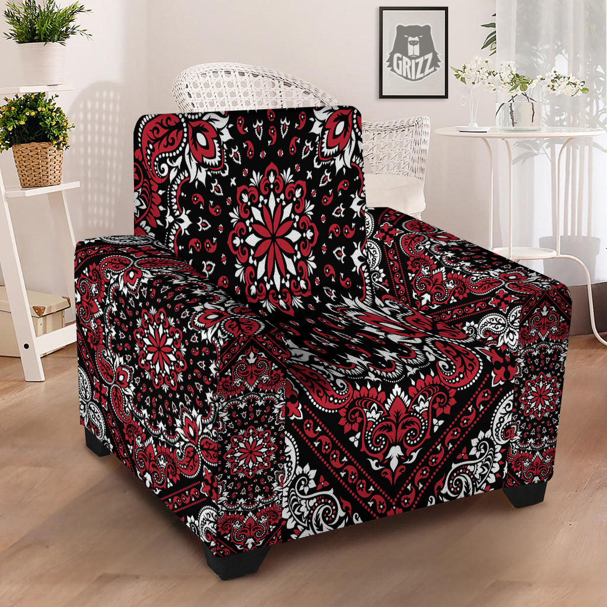 Red Black Bandana Paisley Print Armchair Slipcover-grizzshop