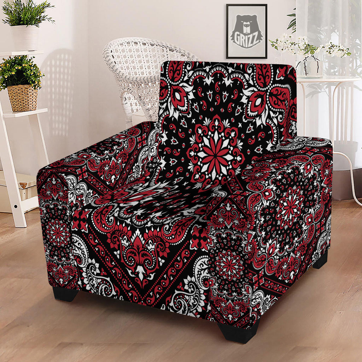 Red Black Bandana Paisley Print Armchair Slipcover-grizzshop