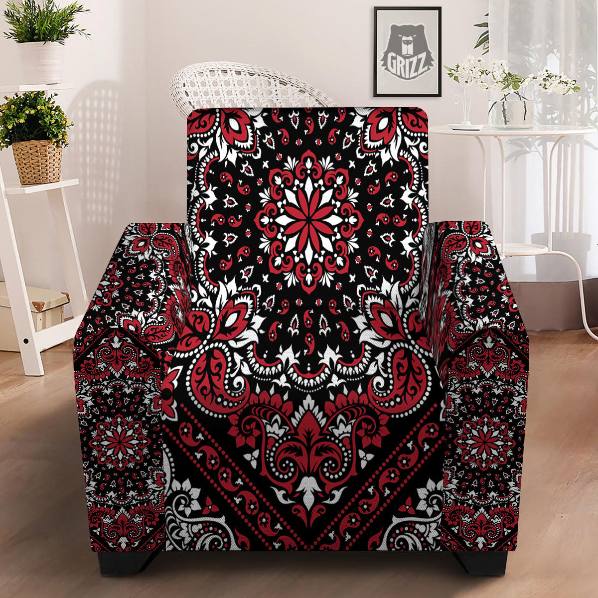 Red Black Bandana Paisley Print Armchair Slipcover-grizzshop