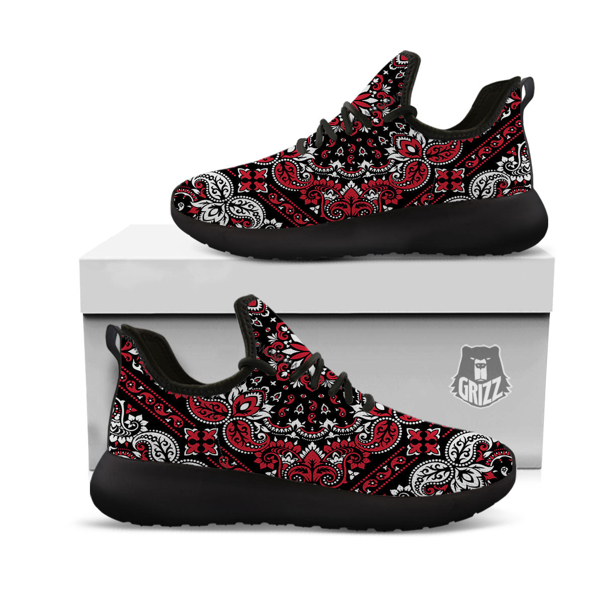 Red Black Bandana Paisley Print Black Athletic Shoes-grizzshop