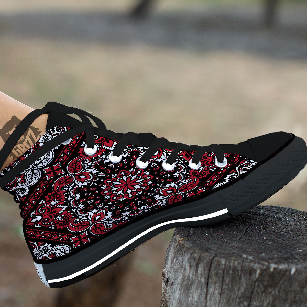 Red Black Bandana Paisley Print Black High Top Shoes-grizzshop