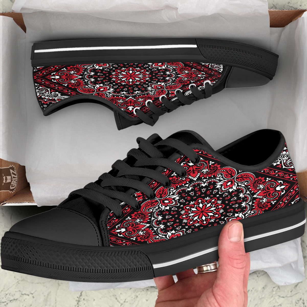 Red Black Bandana Paisley Print Black Low Top Shoes-grizzshop
